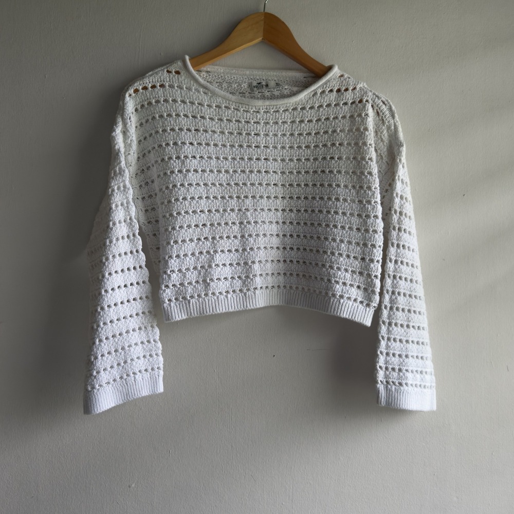 Hollister Open Knit Cropped Sweater Womens XS White Coastal Boho Cotton Pullover